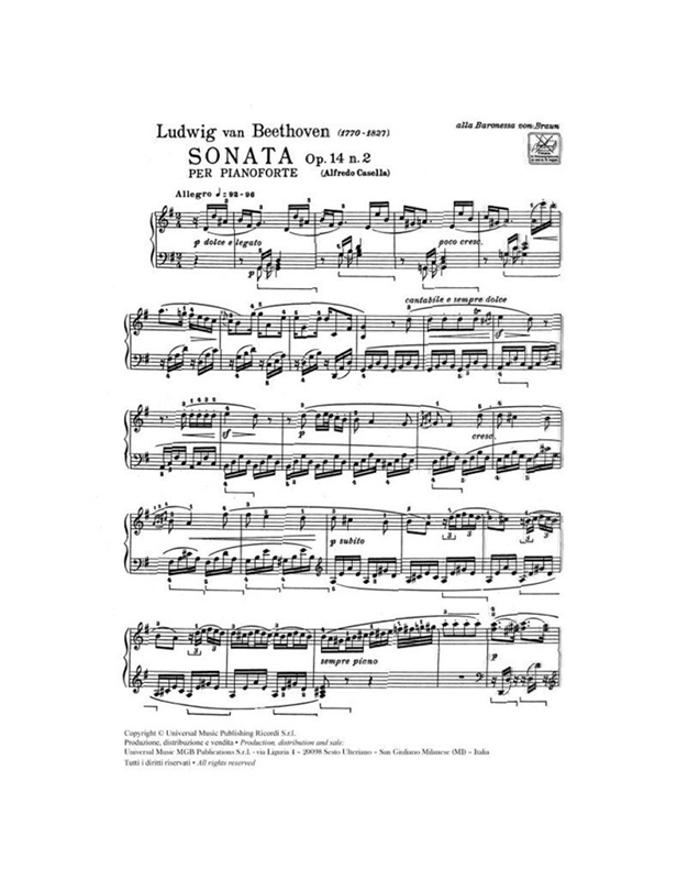 L.V.Beethoven - Sonata Op.14 N.2  per pianoforte / Εκδόσεις Ricordi