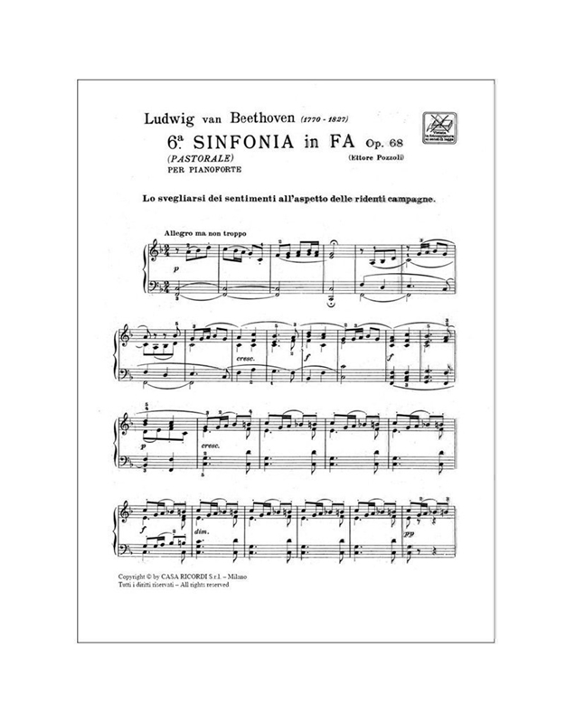L.V. Beethoven - 6a Sinfonia in Fa (Pastorale) op. 68 (Riduzione per pianoforte) / Ricordi editions