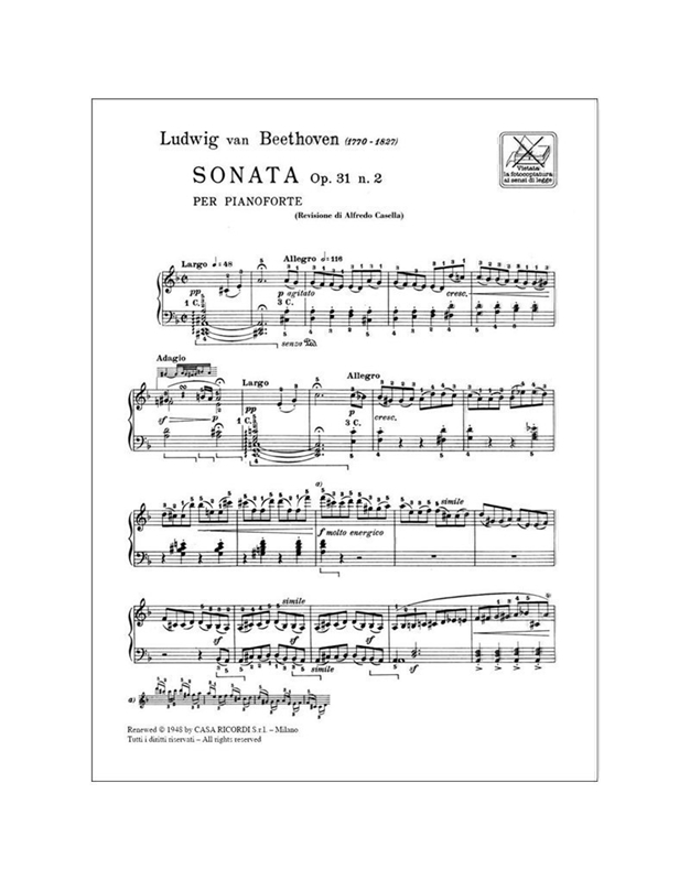 L.V.Beethoven - Sonata Op. 31 n. 2 per pianoforte / Εκδόσεις Ricordi