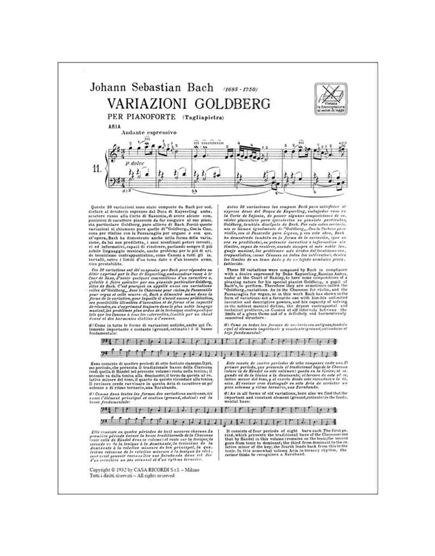 J.S.Bach - Variazioni Goldberg per pianoforte / Ricordi editions