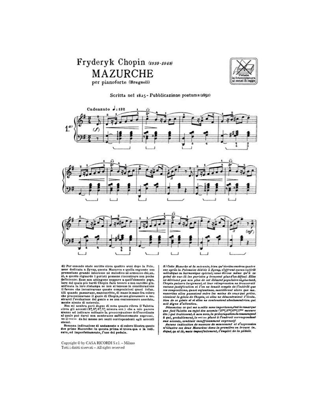 Frederic Chopin - Mazurche per pianoforte / Ricordi editions