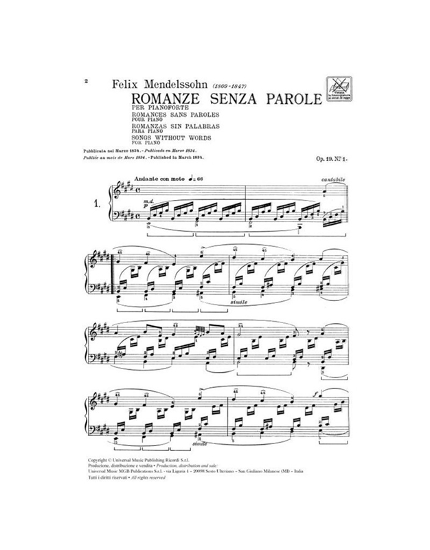 Felix Mendelssohn - Romanze senza parole (Composizioni per pianoforte Vol. I) / Ricordi editions