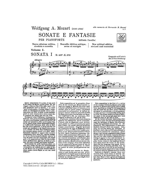 W.A.Mozart - Sonate e fanasie per pianoforte Vol. I / Ricordi editions
