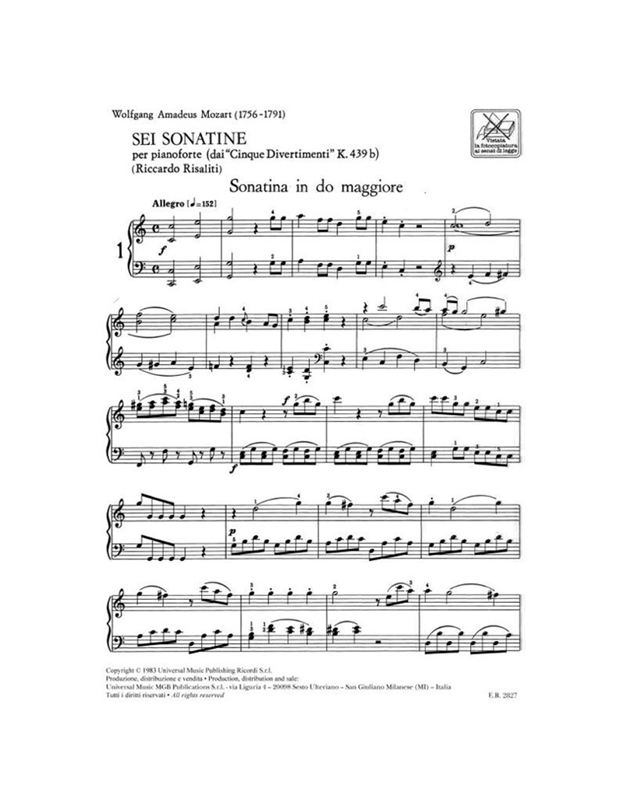 W.A.Mozart - Sei Sonatine per pianoforte / Ricordi editions