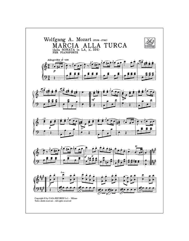 W.A.Mozart - Marcia alla Turca dalla Sonata in La magg. K.331 / Εκδόσεις Ricordi