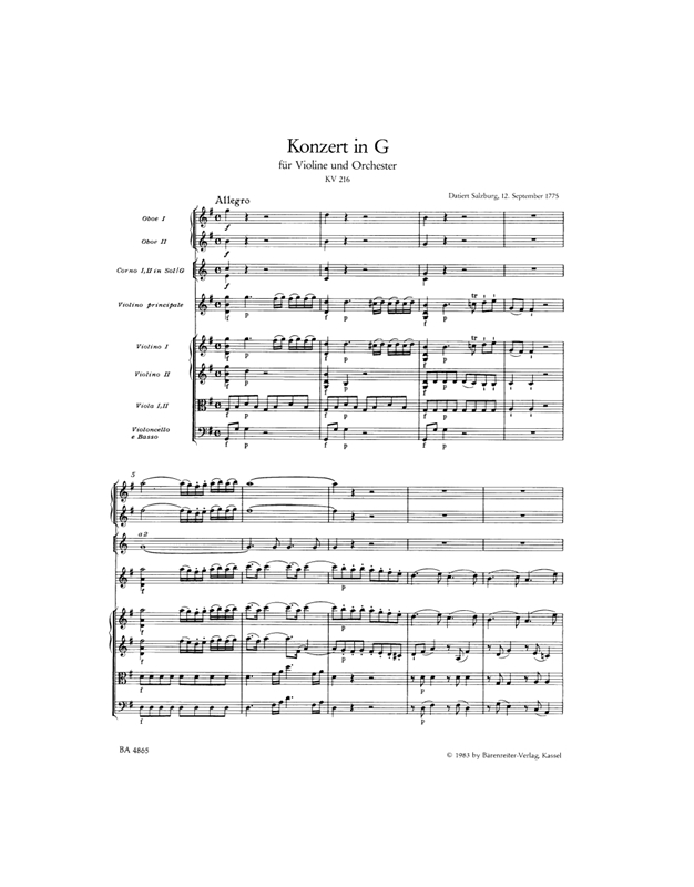 Mozart W. A. - Concerto For Violin & Orchestra No. 3 In G Major KV 216 (Full Score)